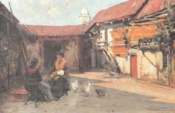 Cortile Con Contadine Oil Painting by Giulio Sommati Di Mombello