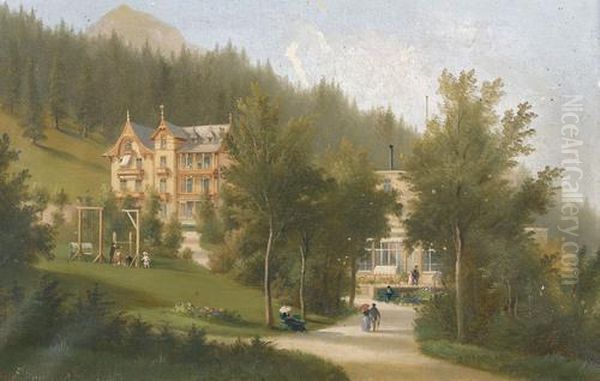 Das Kurhaus In Davos Mit Figurenstaffage. Oil Painting by Ferdinand Sommer