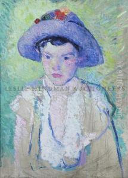 Young Girl In A Purple Hat With Flowers Oil Painting by William Sommer