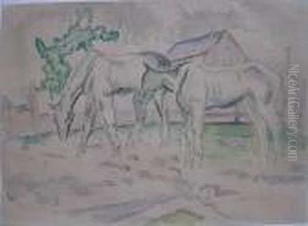 Two Green Horses Oil Painting by William Sommer