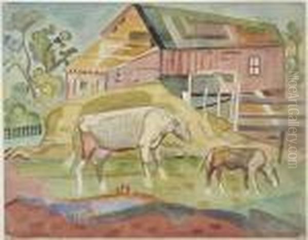 Two Horses By Barn by William Sommer