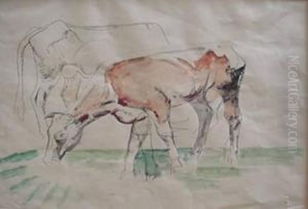 Horse And Cow- Watercolor And 
Pen And Ink On Paper, Minor Handling Creases, Some Tears In Paper Lower 
Right Corner, Some Foxing And Staining. 11 X 16'' Oil Painting by William Sommer