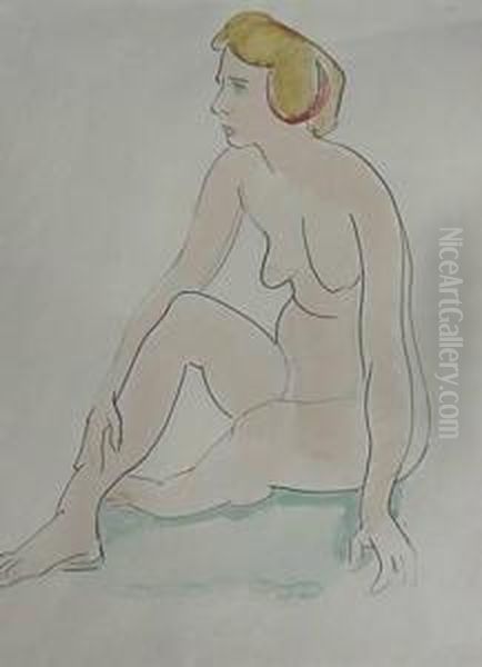 Seated Nude- Watercolor And Pen And Ink On Paper, Very Good Condition. 15 X 10 1/2'' Oil Painting by William Sommer