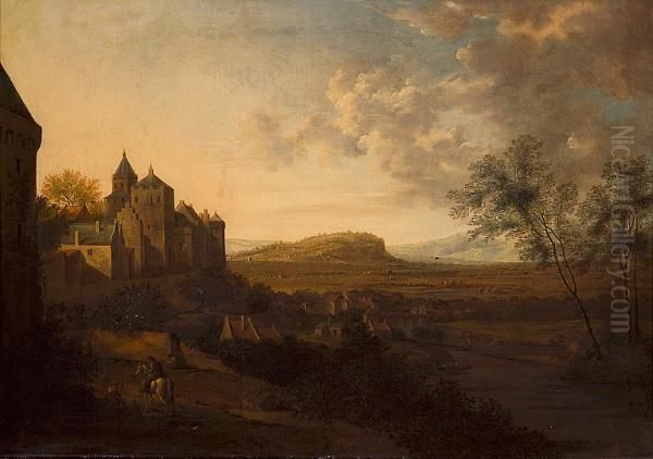 An Extensive River Landscape 
With A Castellated Village On A Hill And Figures In The Foreground Oil Painting by Jan Gabrielsz. Sonje