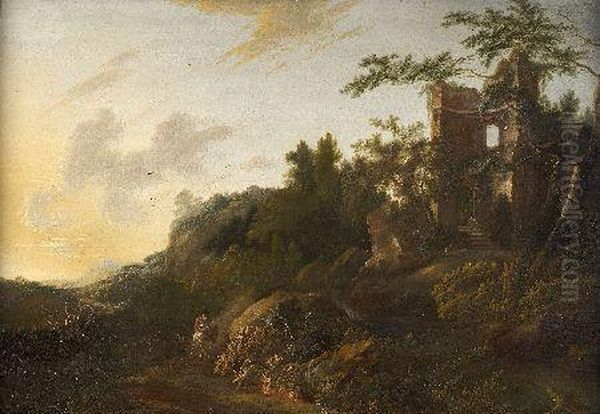 Horseman On A Wooded Mountain Road Leading To Ruins Oil Painting by Jan Gabrielsz. Sonje