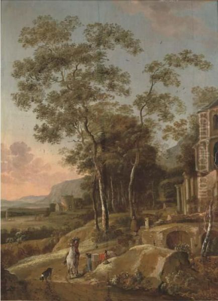 A Wooded River Landscape With A Figure On Horseback And Anglers Resting On A Track Oil Painting by Jan Gabrielsz. Sonje