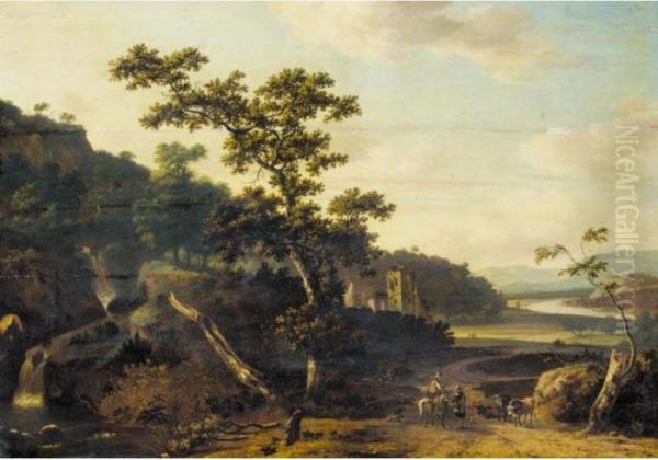 An Italianate River Landscape With Figures And Animals On A Road, A Ruined Castle Beyond Oil Painting by Jan Gabrielsz. Sonje