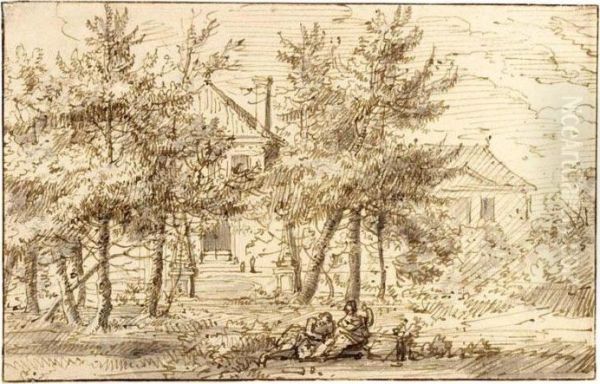 Landscape With Houses Behind Trees And Figures Resting In The Foreground Oil Painting by Jan Gabrielsz. Sonje