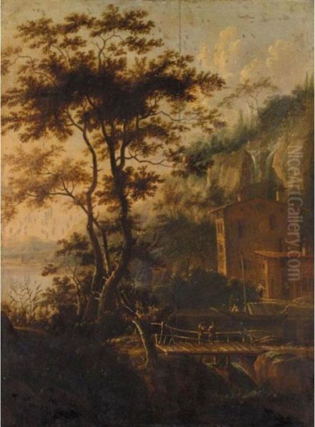 A River Landscape With Two Men On A Bridge With A House And Waterfall Beyond Oil Painting by Jan Gabrielsz. Sonje