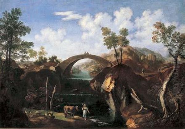 Paesaggio Fluviale Con Ponte, Viandanti, Pastorella E Armenti Oil Painting by Jan Gabrielsz. Sonje