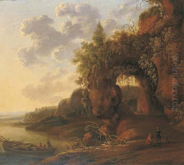 A Mountainous River Landscape 
With Travellers On A Path In Theforeground By A Moored Boat Oil Painting by Jan Gabrielsz. Sonje