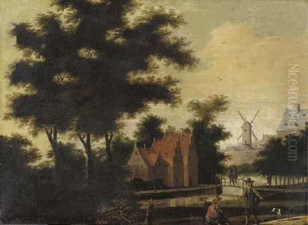 Figures On A Path By A River, A Town Beyond Oil Painting by Jan Gabrielsz. Sonje