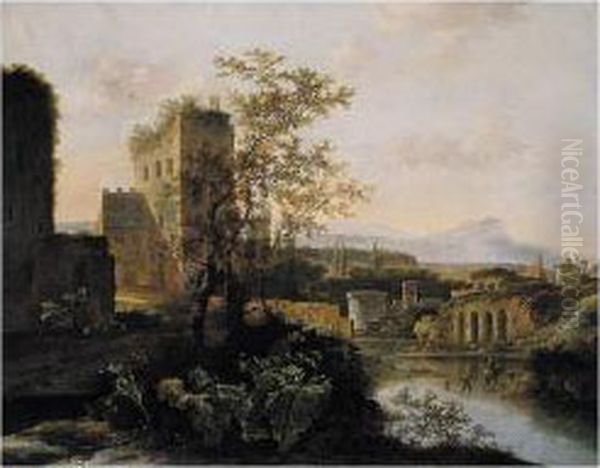 An Extensive Lanscape With Classical Ruins Beside A River Oil Painting by Jan Gabrielsz. Sonje