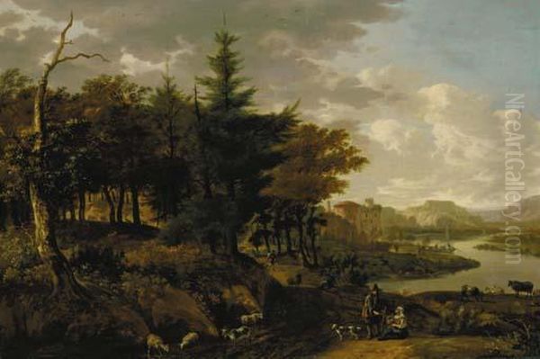 A Wooded River Landscape With A Goatherd, Travellers And Ruins Beyond Oil Painting by Jan Gabrielsz. Sonje