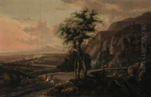 An Extensive Mountain Landscape, With A Hawking Party On A Road Bya Bridge Oil Painting by Jan Gabrielsz. Sonje