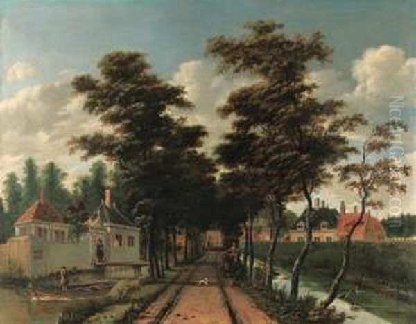 An Avenue Between Two Canals 
With A Horseman And A Dog, A Youth Ina Skiff And A Man By A Gatehouse 
Nearby Oil Painting by Jan Gabrielsz. Sonje