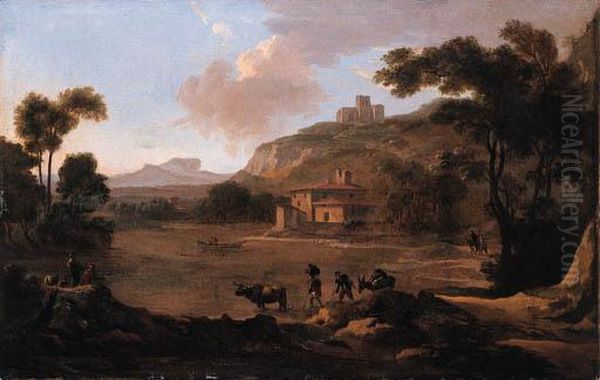 Muleteers Fording A River With Anglers On A River-bank Nearby, Inan Italianate Landscape Oil Painting by Jan Gabrielsz. Sonje