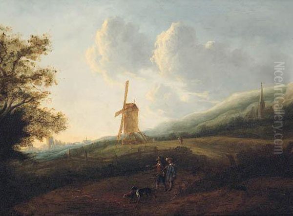 A Landscape With Travellers By A Windmill, A Town In Thedistance Oil Painting by Jan Gabrielsz. Sonje