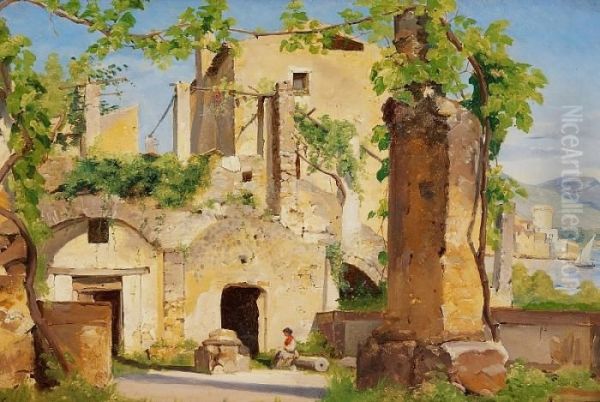 Italian Houses With Vines, In The Foreground A Little Girl Oil Painting by Jorgen Valentin Sonne