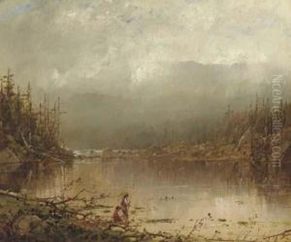 Fishing Along The River Oil Painting by William Louis Sonntag