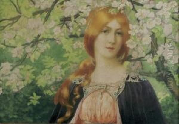 Art Nouveau Maiden Standing In Cherry Blossoms Oil Painting by Elisabeth Sonrel