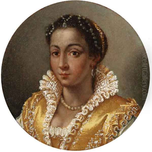 Portrait of a girl, bust-length, in a yellow silk dress with a lace collar Oil Painting by Lavinia Fontana