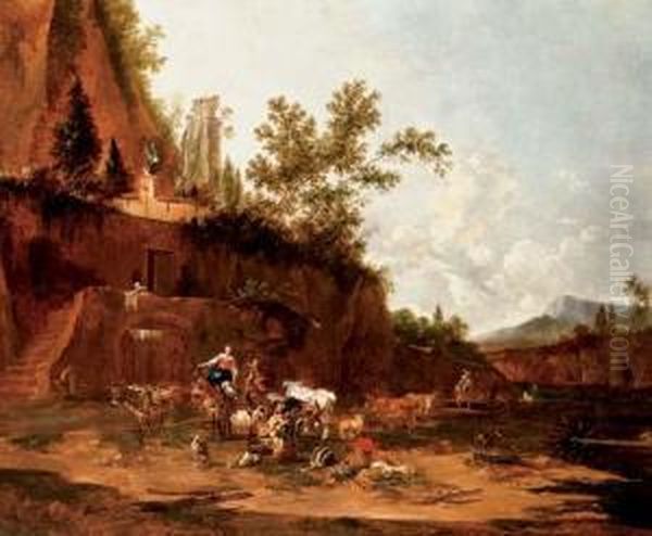 Herders Resting In An Italianate Landscape Oil Painting by Jan Frans Soolmaker