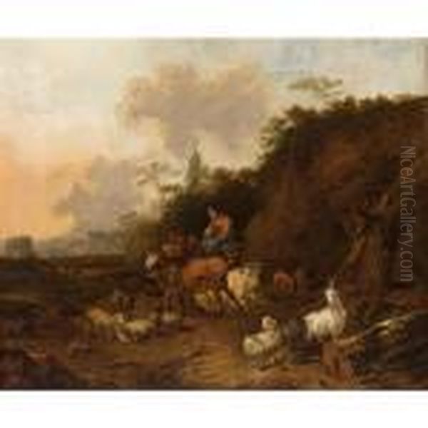 A Italianate Landscape With A Shepherdess And Her Cattle Oil Painting by Jan Frans Soolmaker