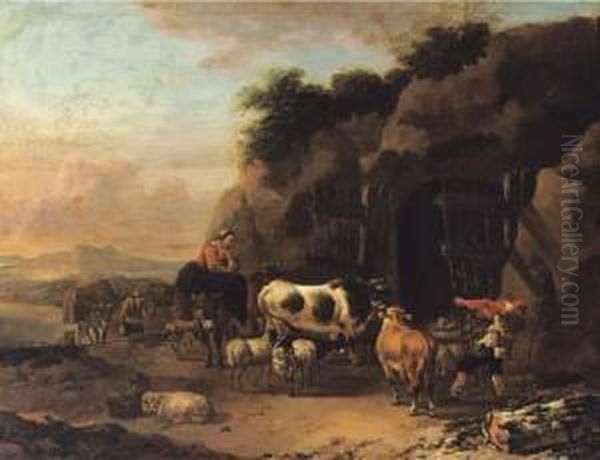 Peasants Driving Their Cattle And Sheep Into A Cave In Anitalianate Landscape Oil Painting by Jan Frans Soolmaker