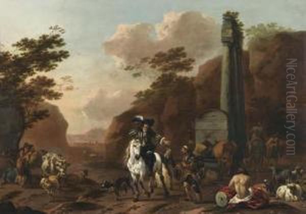 Herdsmen With Their Animals Near An Ancient Well, With A Gentleman On A White Horse. Oil Painting by Jan Frans Soolmaker