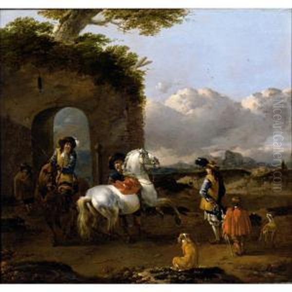 Italianate Landscape, With Cavaliers And The Horses Before Some Ruins Oil Painting by Jan Frans Soolmaker