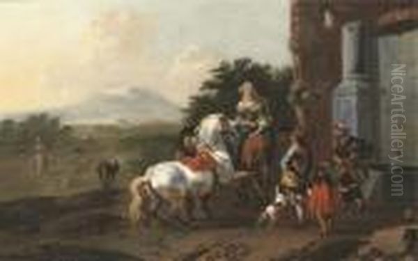 Riders Resting By A Fountain 
With A Mendicant And Dogs, Figures On A Path And Mountains Beyond Oil Painting by Jan Frans Soolmaker