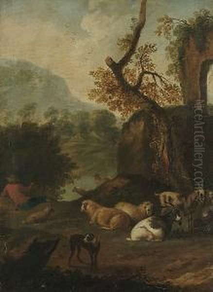 A Shepherd With His Flock Resting Beside A River Oil Painting by Jan Frans Soolmaker