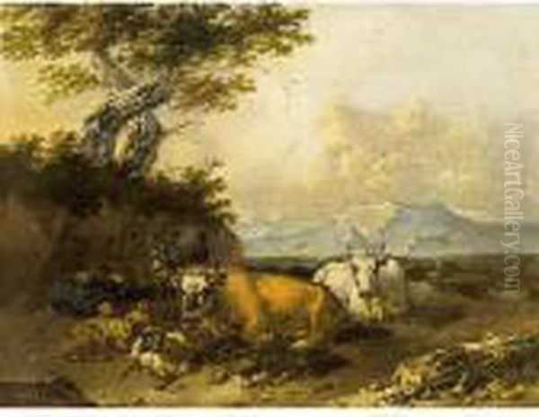 Cows And Sheep In An Italianate Landscape With A Shepherd Resting Oil Painting by Jan Frans Soolmaker