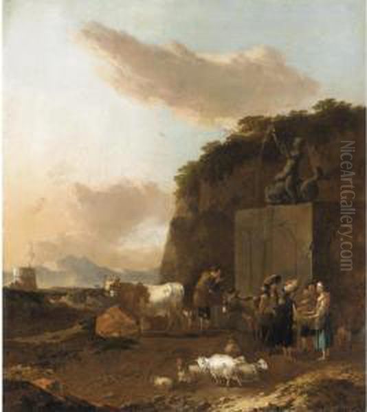 An Italianate Landscape With Dorvers And Their Animals Beside A Fountain Oil Painting by Jan Frans Soolmaker