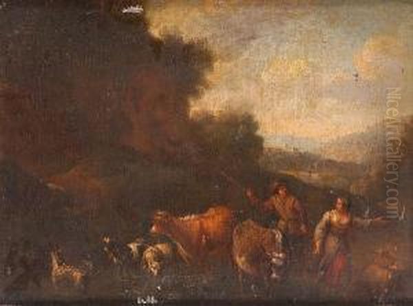 A Couple With Cattle And Goats In An Arcadian Landscape Oil Painting by Jan Frans Soolmaker