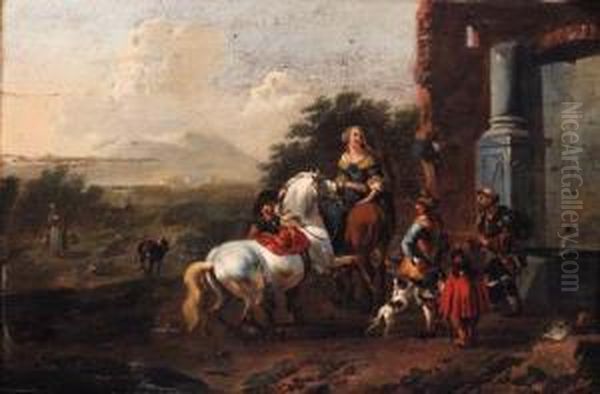 Travellers By A Roadside Fountain Oil Painting by Jan Frans Soolmaker