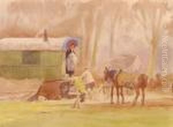 Watercolour, Gypsyencampment, Signed, 8.5