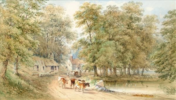 Countryroad With Cattle Crossing A Bridge; The Village Pond, Possiblywidmore, Kent Each Oil Painting by Thomas James Soper