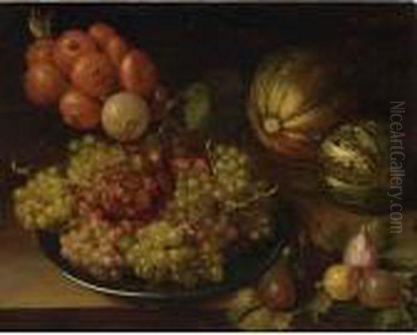 A Still Life With Black And 
White Grapes On A Silver Platter, Together With Figs, Melons And Unions,
 All On A Table Oil Painting by Isaak Soreau