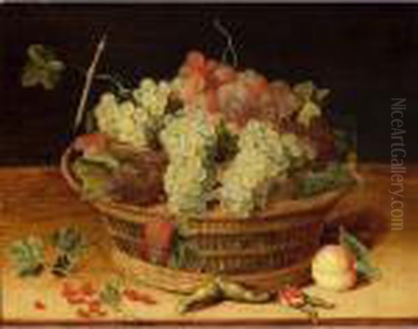 A Still Life With Blue And White
 Grapes In A Basket, Together With Red Currants, Hazelnuts And A Peach, 
All On A Wooden Ledge Oil Painting by Isaak Soreau