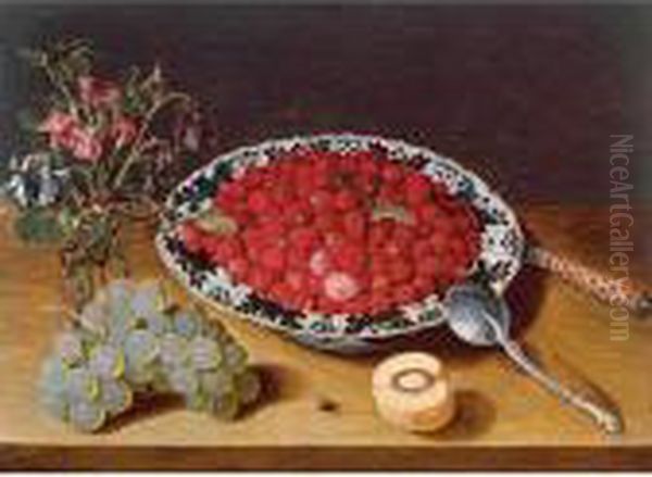 Wild Strawberries In A Wan-li 
Kraak Porcelain Bowl With A Vase Of Flowers And A Bunch Of Grapes, All 
Resting On A Wooden Ledge Oil Painting by Isaak Soreau