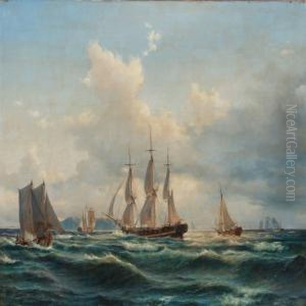 Ships Off A Rocky Coast Oil Painting by C. F. Sorensen