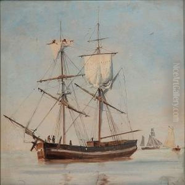 Seascape With A Brig And Other Sailing Ships Oil Painting by C. F. Sorensen