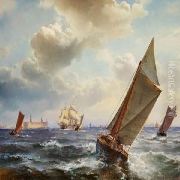 Brisk Traffic In The Sound Off Kronborg Oil Painting by C. F. Sorensen