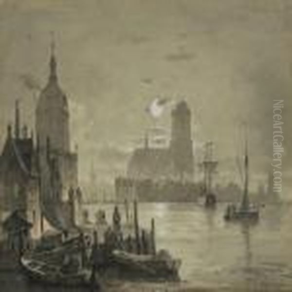 Dutch Canals By Moon Light Oil Painting by C. F. Sorensen