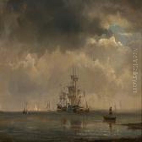 Coastal Scene With Sailing Ships On Copenhagenroadstead Oil Painting by C. F. Sorensen