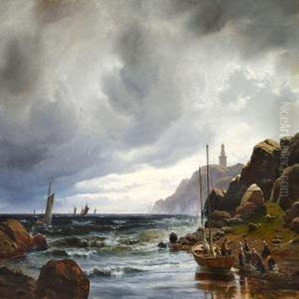 Rocky Coast With Fishermen Landing Their Catch Oil Painting by C. F. Sorensen