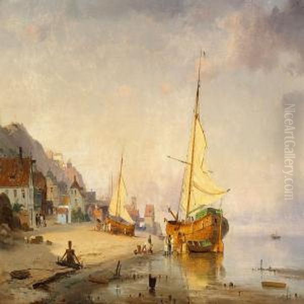 Stranden Og Byen Pa Underlandet Pa Helgoland Oil Painting by C. F. Sorensen