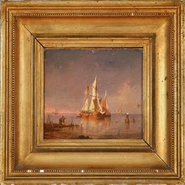 Coastal Scene With Sailing Ships At Sunset Oil Painting by C. F. Sorensen